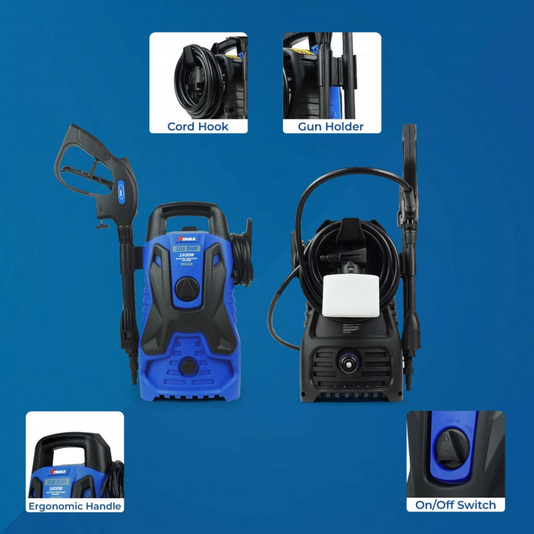 Vtools 105 Bar Electric Pressure Washer With 5 Meter Hose And Soap Dispenser