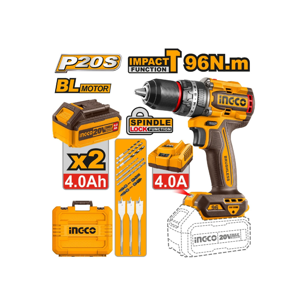 Ingco Brushless Cordless Impact Drill 13 Mm Chuck Size 96 Nm Maximum Torque Brushless Motor