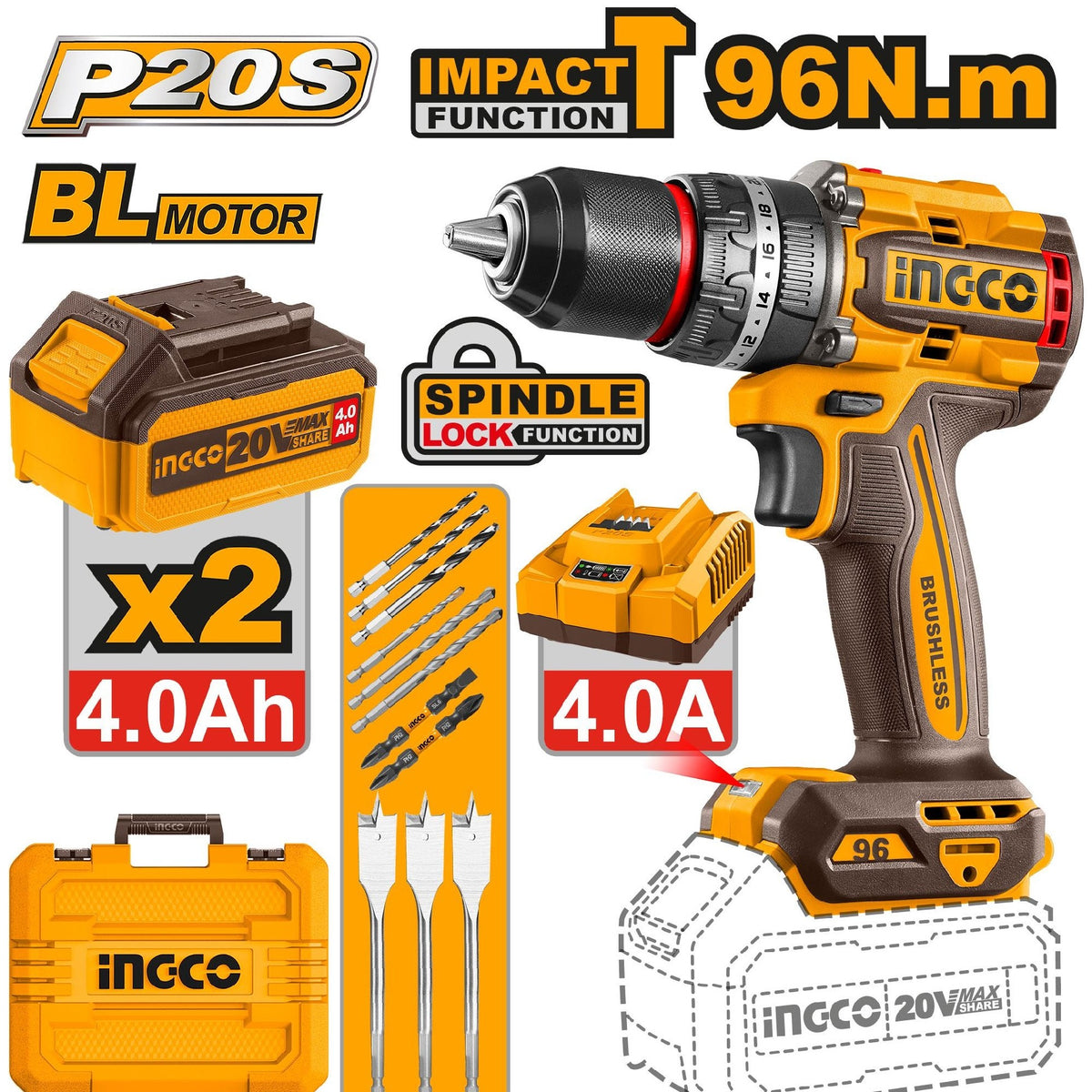 Ingco Brushless Cordless Impact Drill 13 Mm Chuck Size 96 Nm Maximum Torque Brushless Motor
