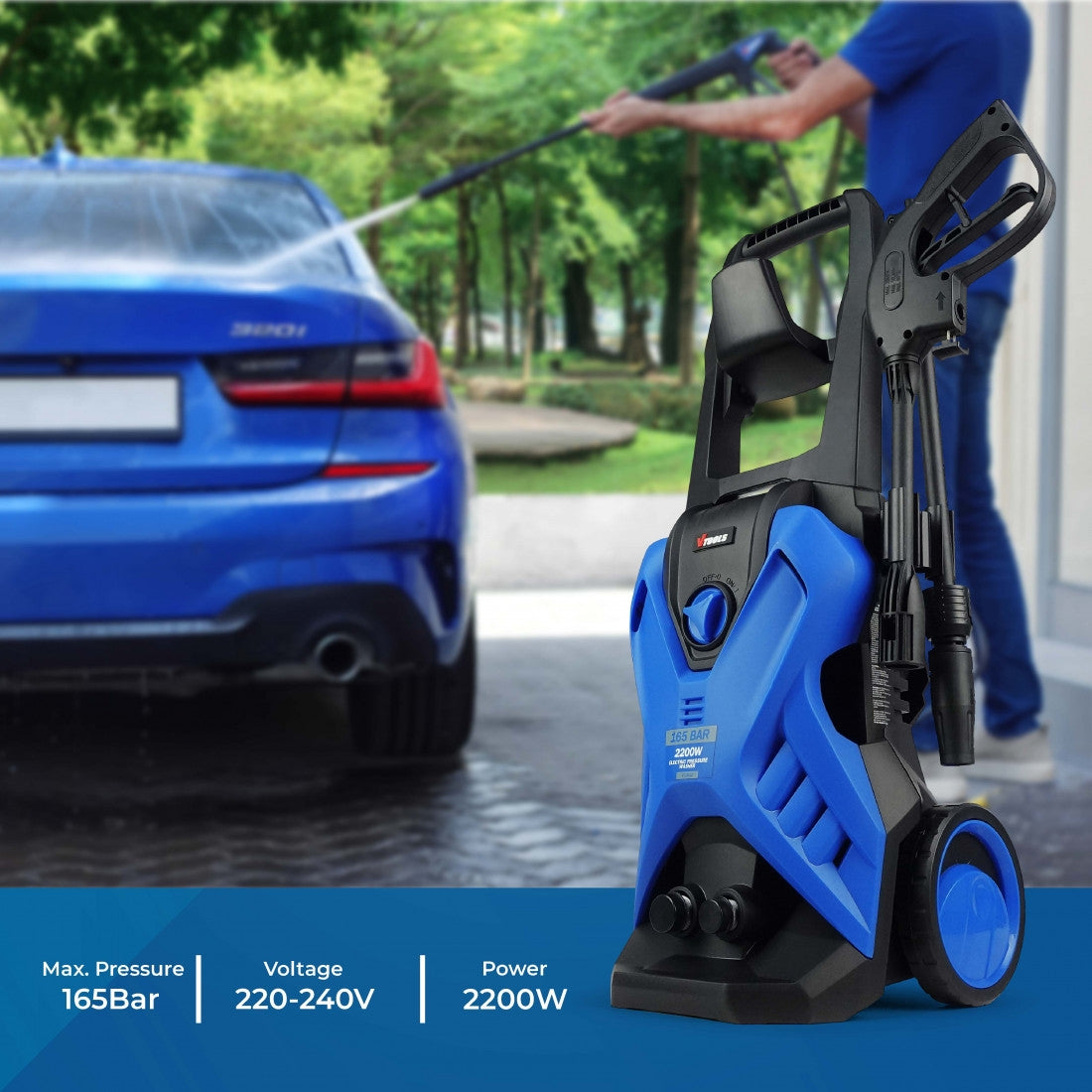 Vtools 165 Bar Electric Pressure Washer With 2 Wheels Meter Hose And Soap Dispenser