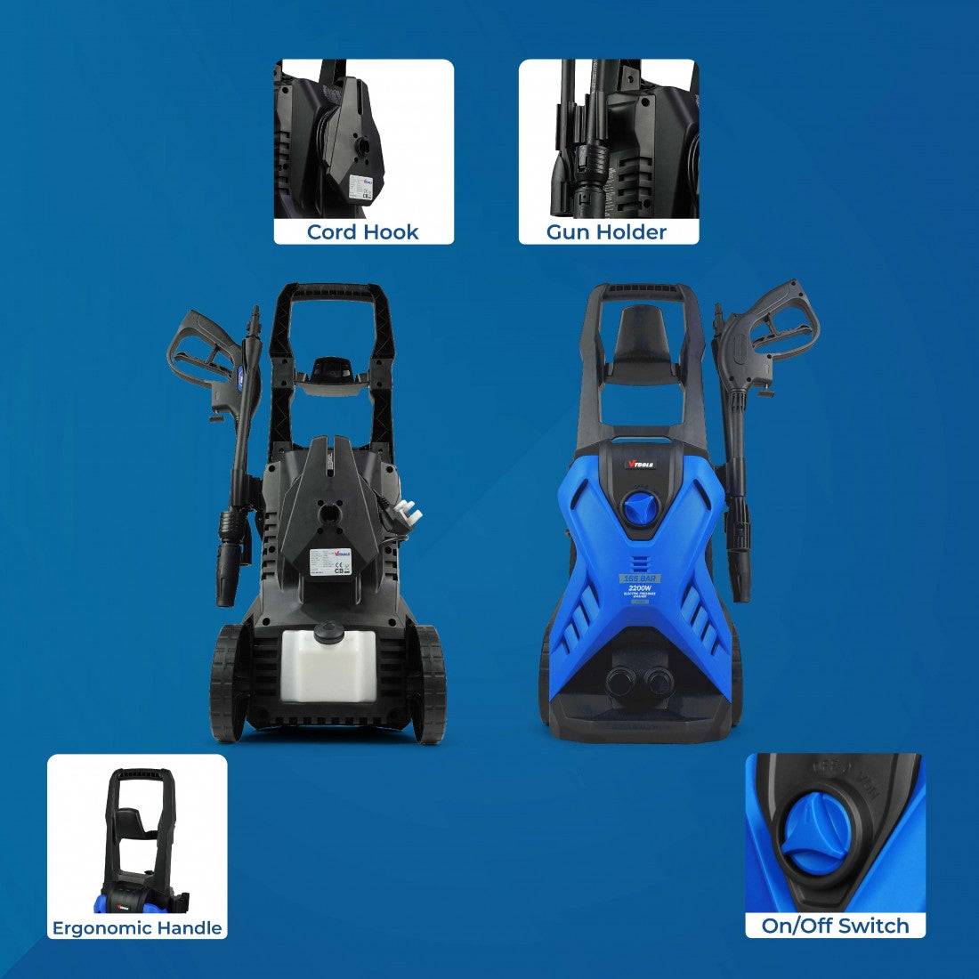 Vtools 165 Bar Electric Pressure Washer With 2 Wheels Meter Hose And Soap Dispenser