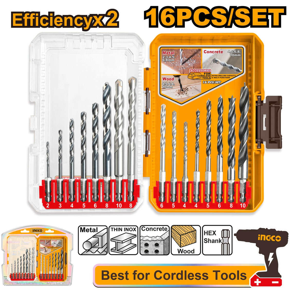 Ingco 16 Pcs Drill Bits Set Hex Shank For Metal Masonry And Wood Drill