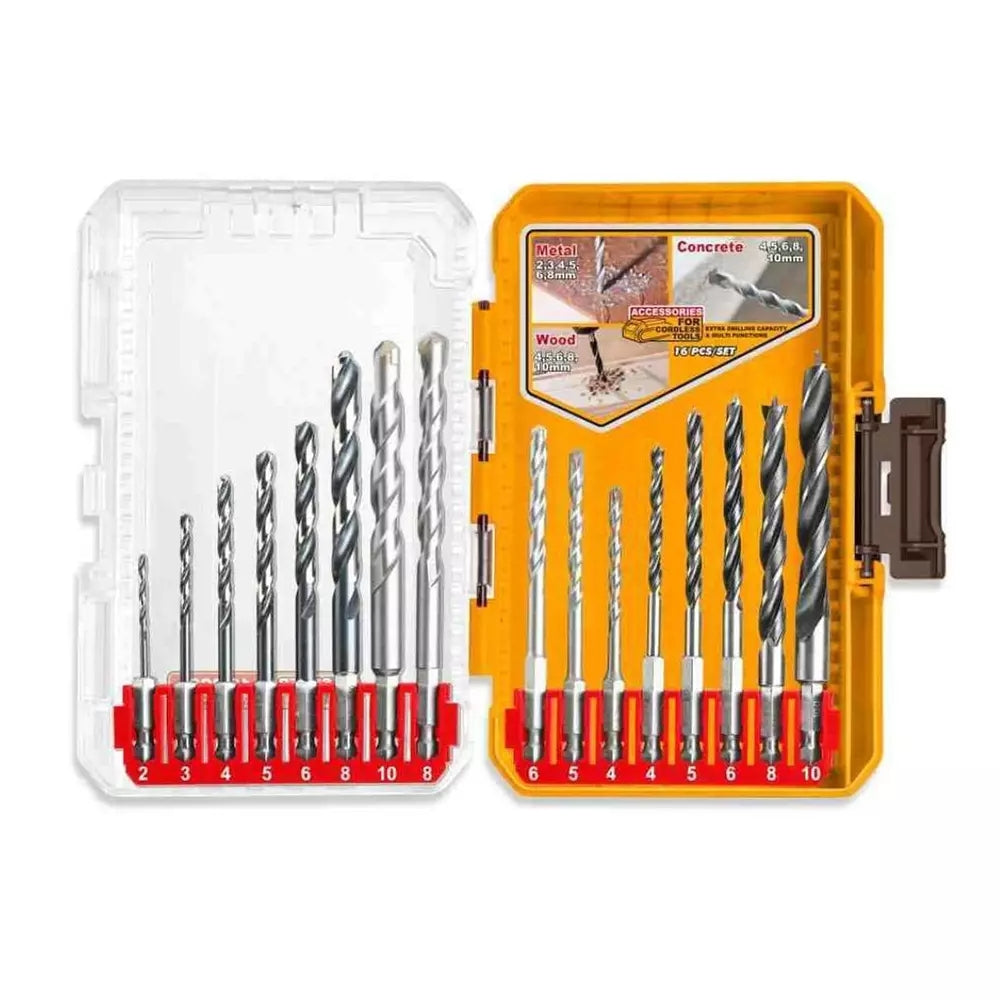 Ingco 16 Pcs Drill Bits Set Hex Shank For Metal Masonry And Wood Drill