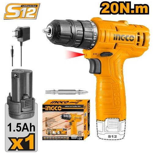 Ingco Cordless Drill 12 V 10 Mm Chuck Size And 750 Rpm No Load Speed