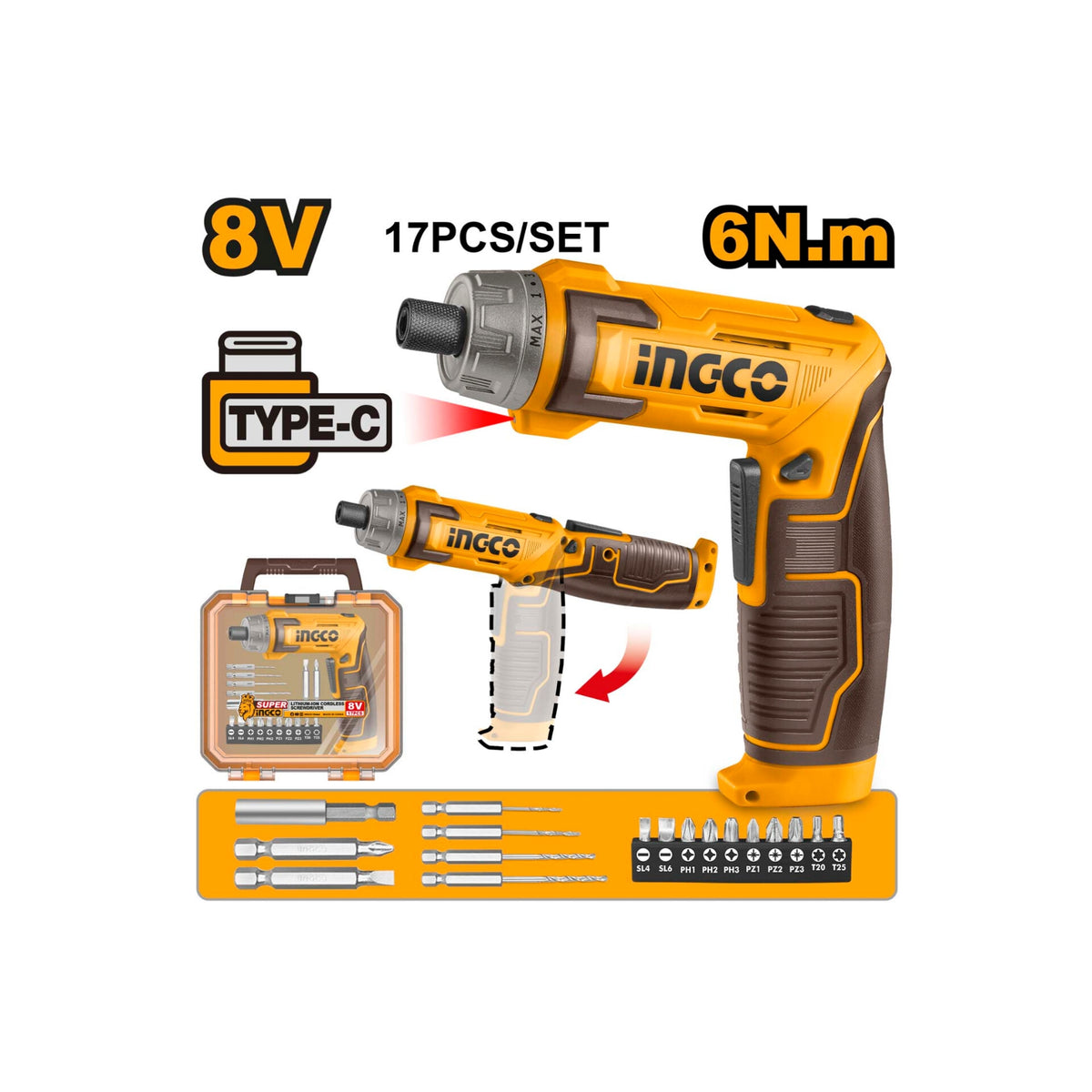 Ingco 8v Cordless Screwdriver 6 Nm Led Light Packed By Plastic Tool Box