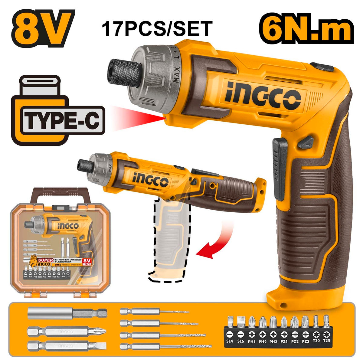 Ingco 8v Cordless Screwdriver 6 Nm Led Light Packed By Plastic Tool Box