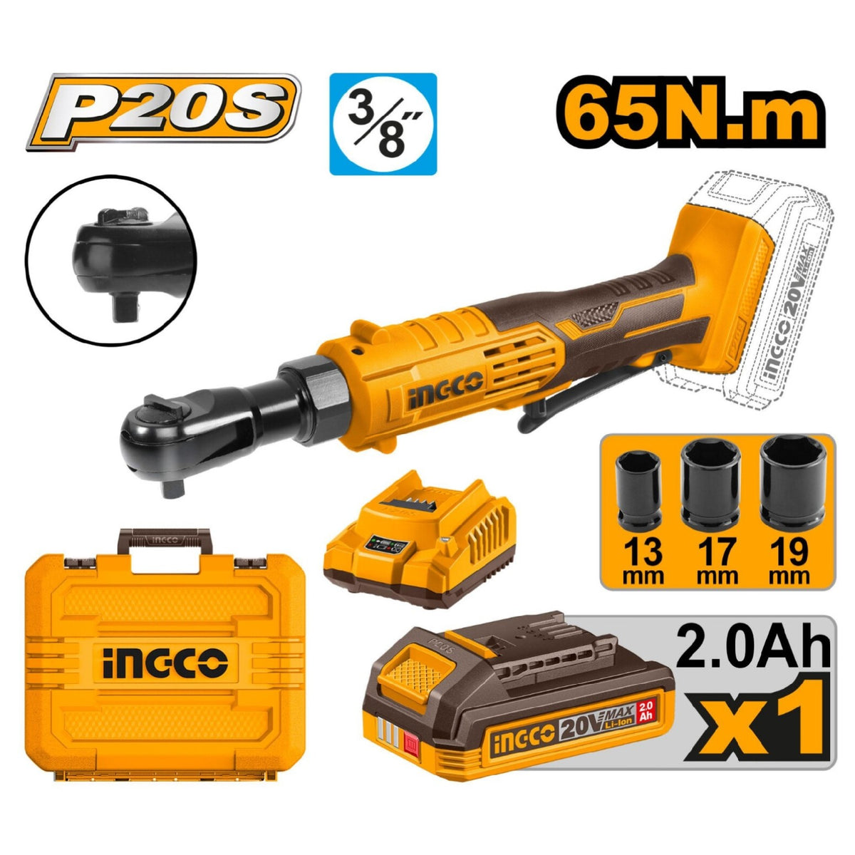 Ingco 20v Li Ion 3 8 Dr Ratchet Wrench 65nm 1x2 0ah Charger