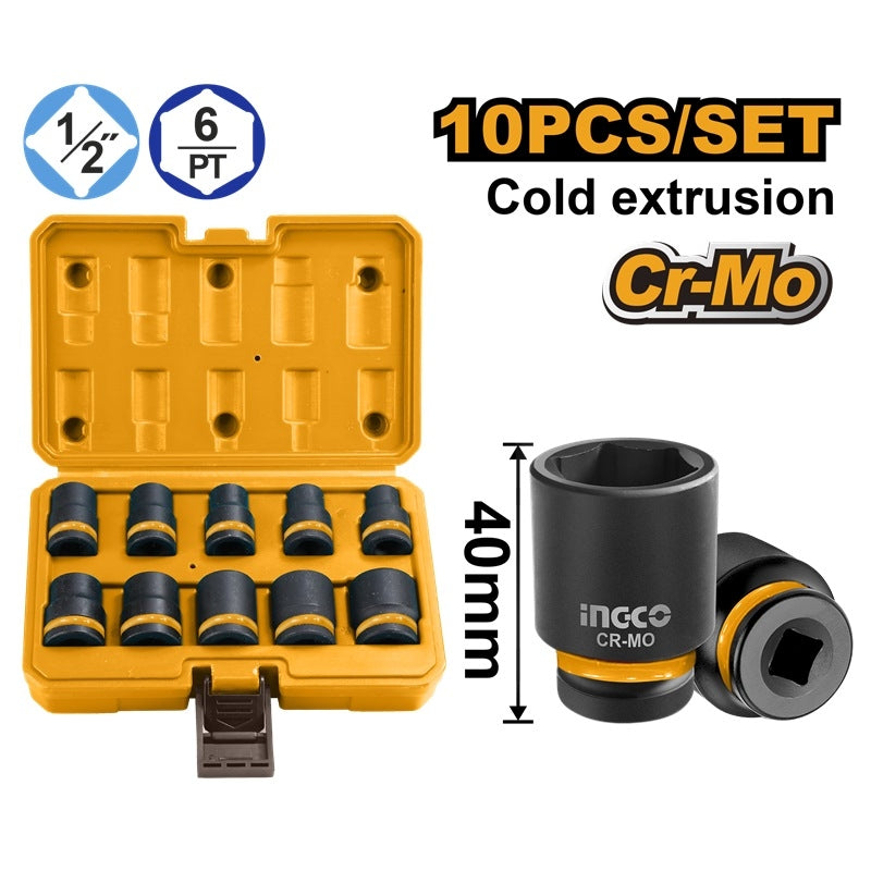 Ingco 10pcs 1 2 Dr Cr Mo Standard Impact Socket Set 10 24mm