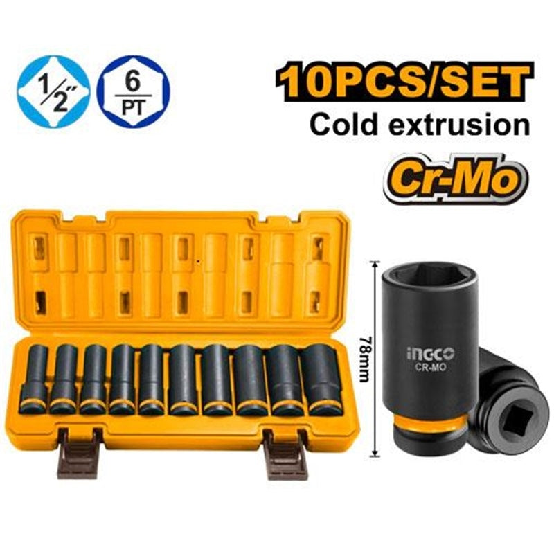 Ingco 10pcs 1 2 Dr Cr Mo Deep Mpact Socket Set 10 24mm