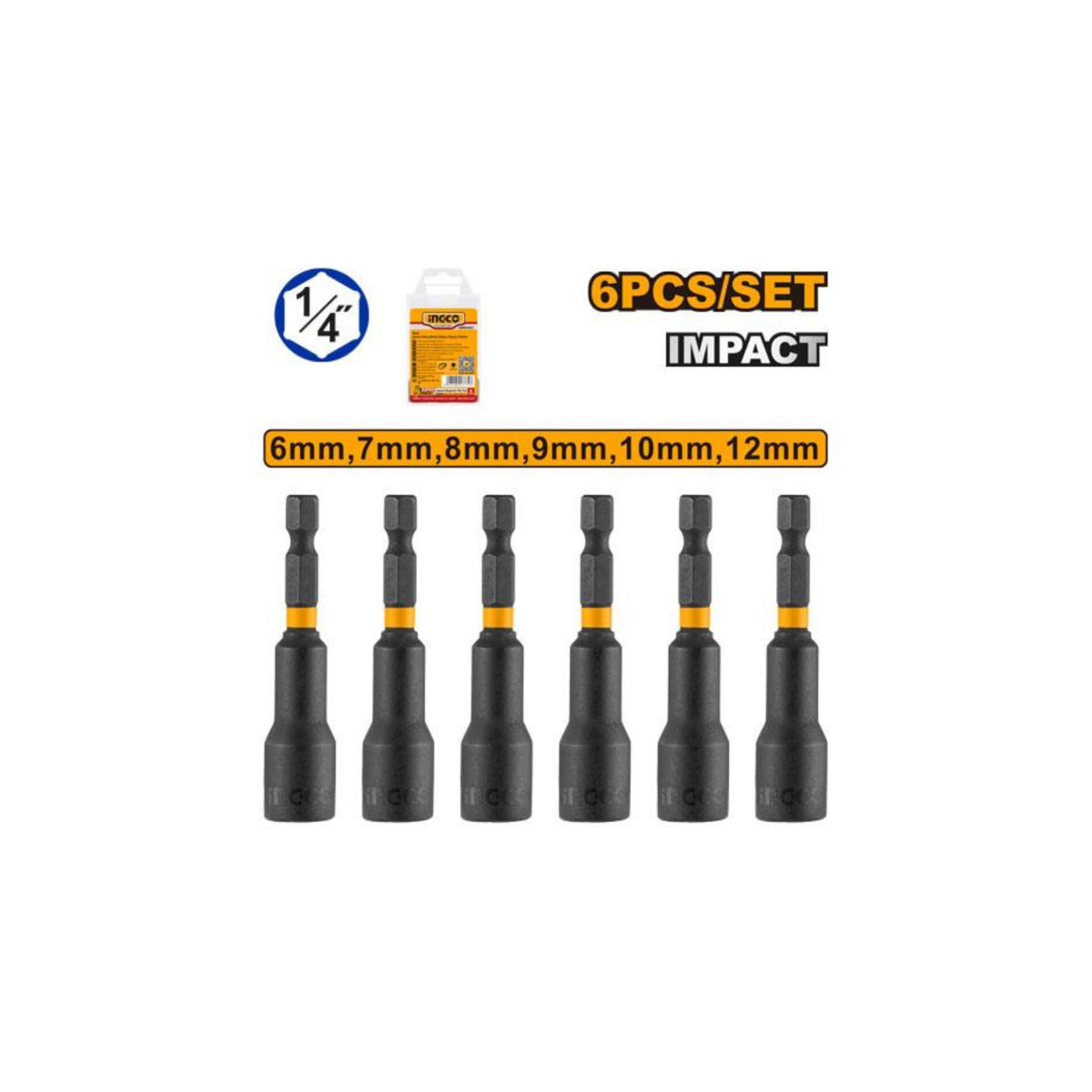 Ingco Professional 6 Piece Magnetic Hex Impact Nut Set Durable Drill Bit Accessories 6mm 12mm