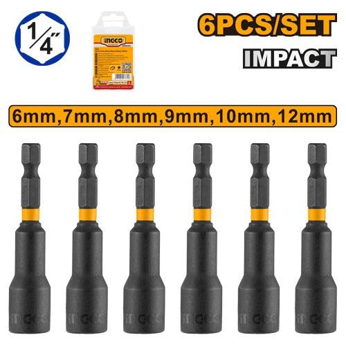 Ingco Professional 6 Piece Magnetic Hex Impact Nut Set Durable Drill Bit Accessories 6mm 12mm