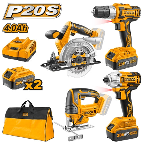 Ingco 20v Li Ion Cordless 4pcs Combo Kit Drill Driver Jigsaw Circular Saw