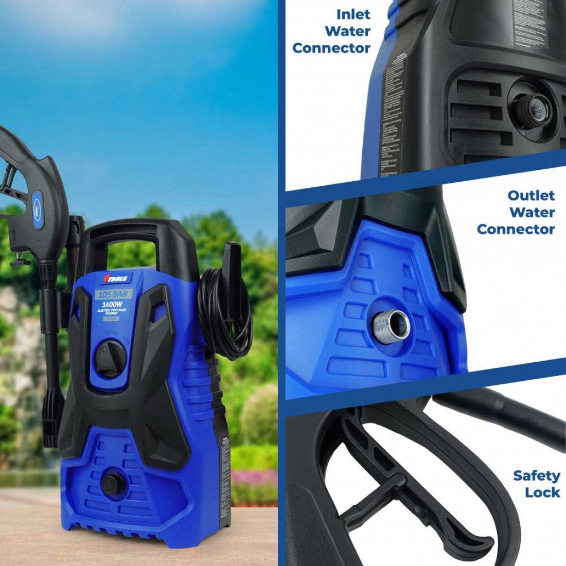 Vtools 105 Bar Electric Pressure Washer With 5 Meter Hose And Soap Dispenser