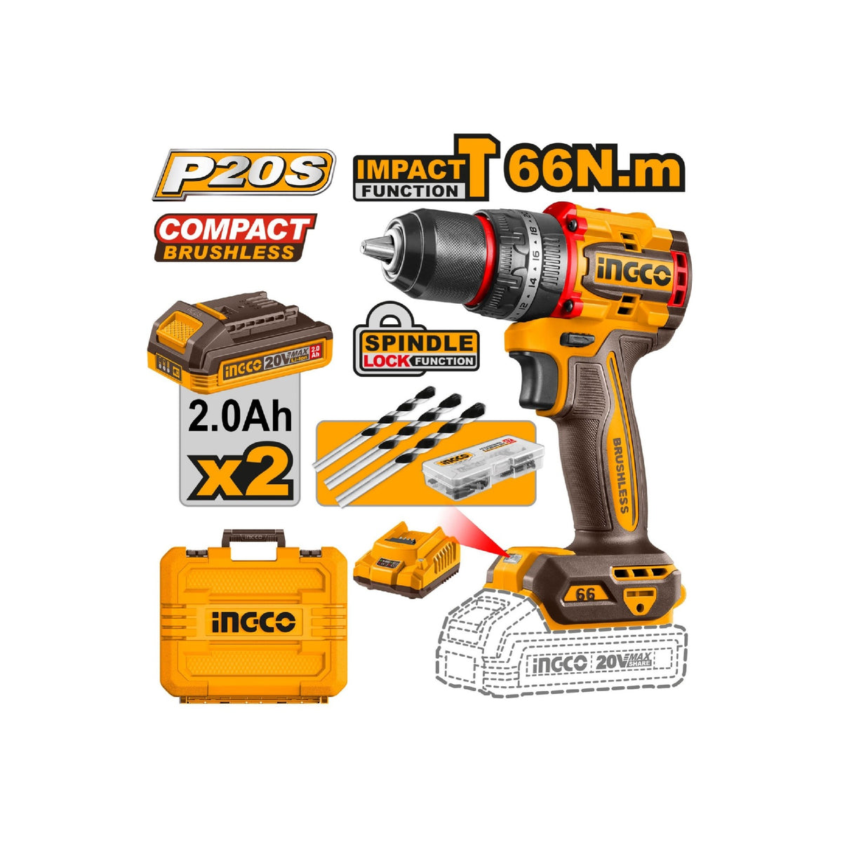 Ingco 20v Max Lithium Ion Compact Brushless Cordless Impact Drill