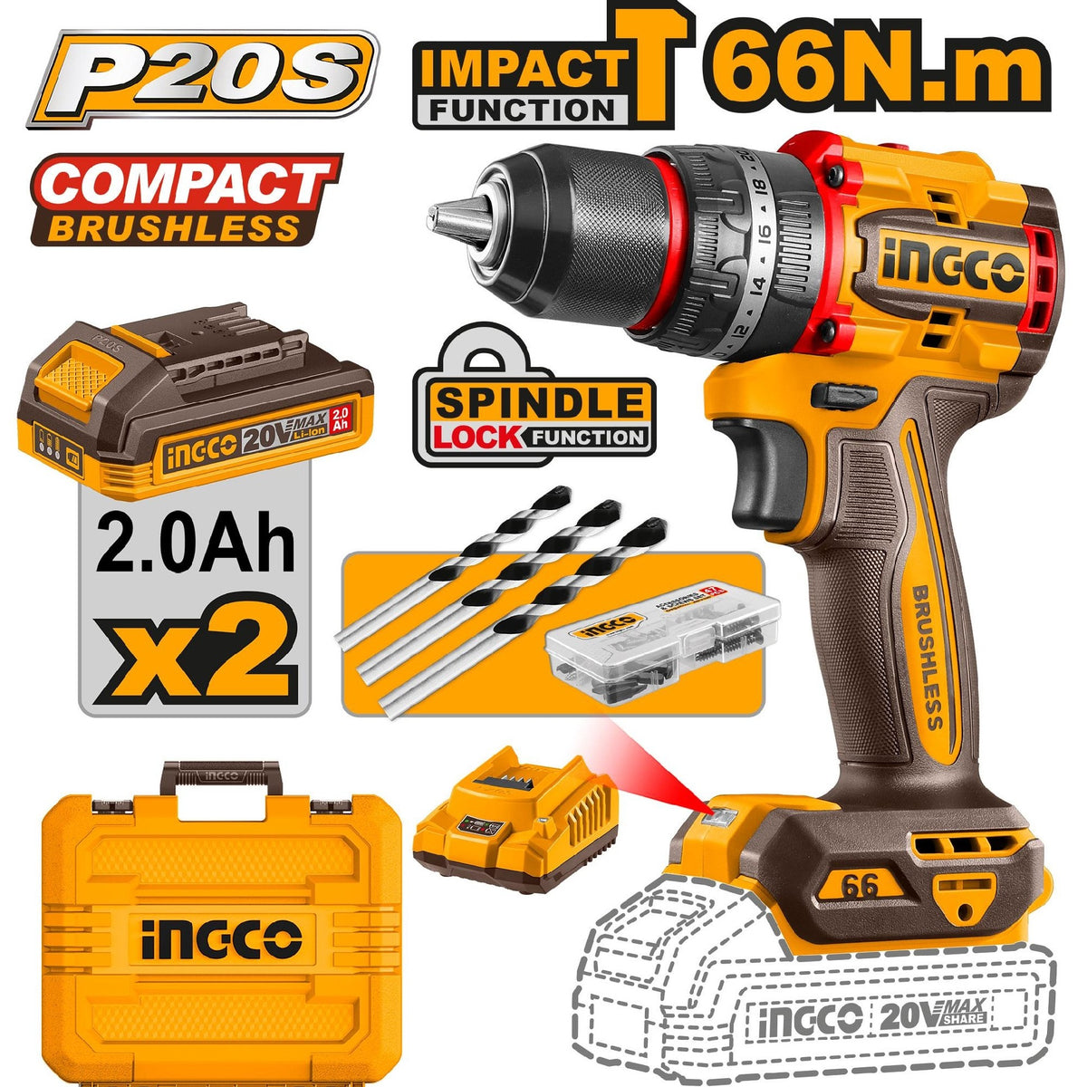 Ingco 20v Max Lithium Ion Compact Brushless Cordless Impact Drill