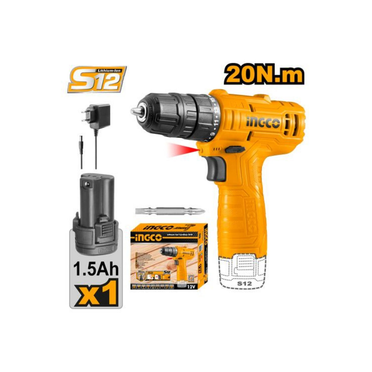 Ingco Cordless Drill 12 V 10 Mm Chuck Size And 750 Rpm No Load Speed