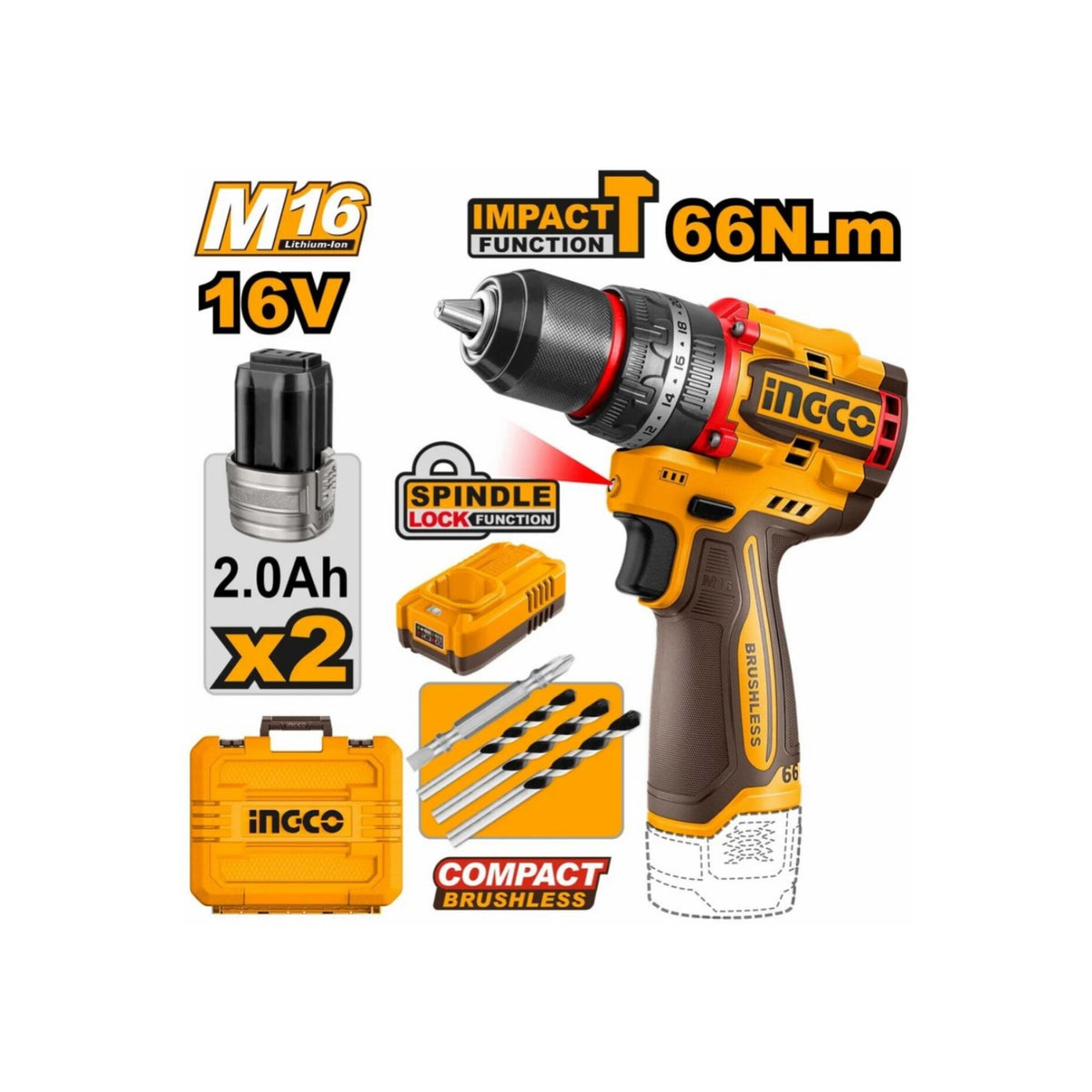 Ingco 16v Compact Brushless Cordless Impact Drill 10mm