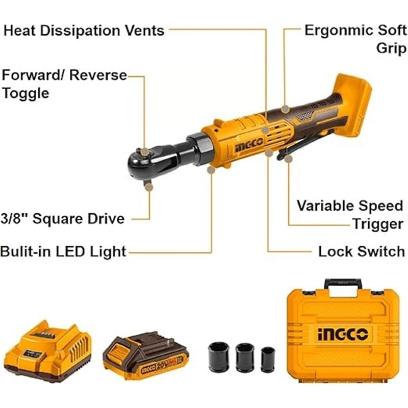 Ingco 20v Li Ion 3 8 Dr Ratchet Wrench 65nm 1x2 0ah Charger