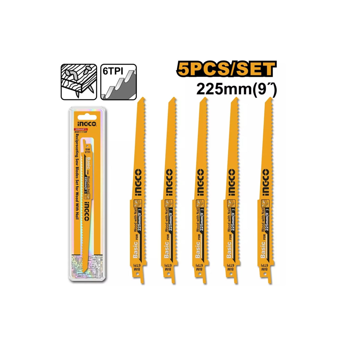 Ingco 5 Pcs Reciprocating Saw Blade Set Length 9 Inch 225 Mm For Cutting Wood With Nail
