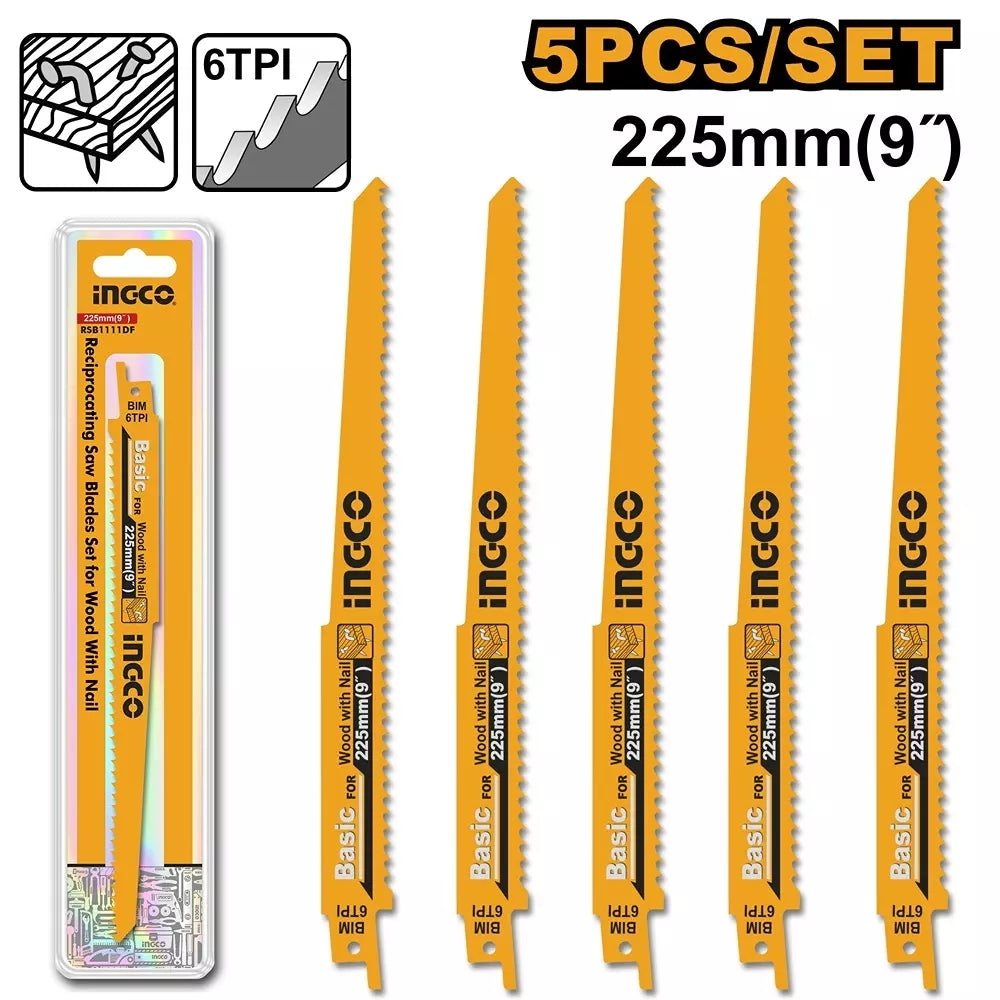 Ingco 5 Pcs Reciprocating Saw Blade Set Length 9 Inch 225 Mm For Cutting Wood With Nail