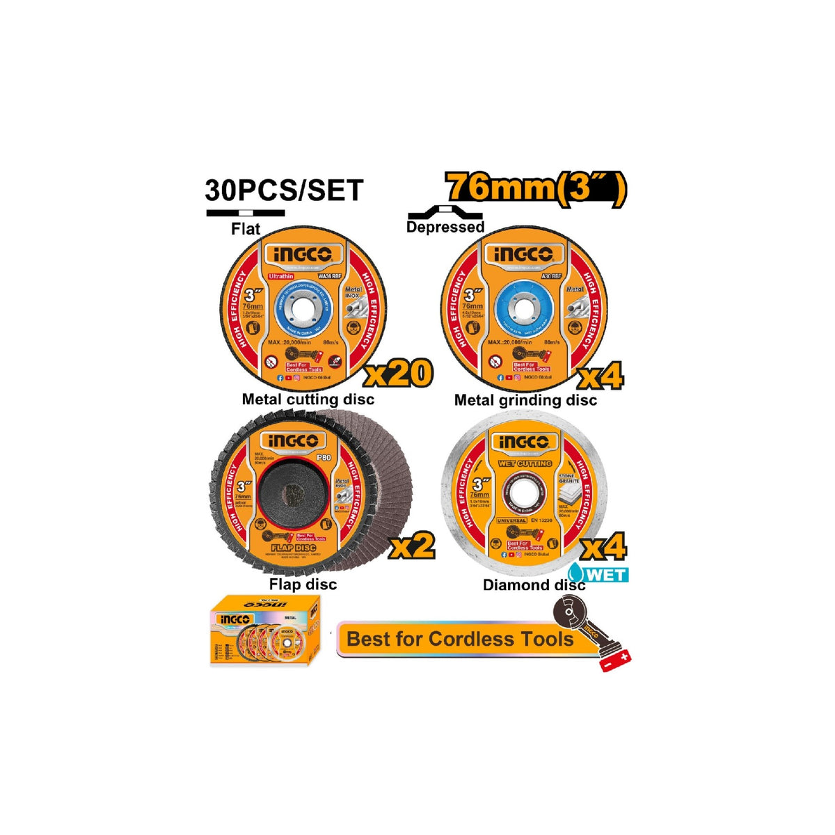 Ingco 30 Pcs 76mm Cutting Grinding Disc Set