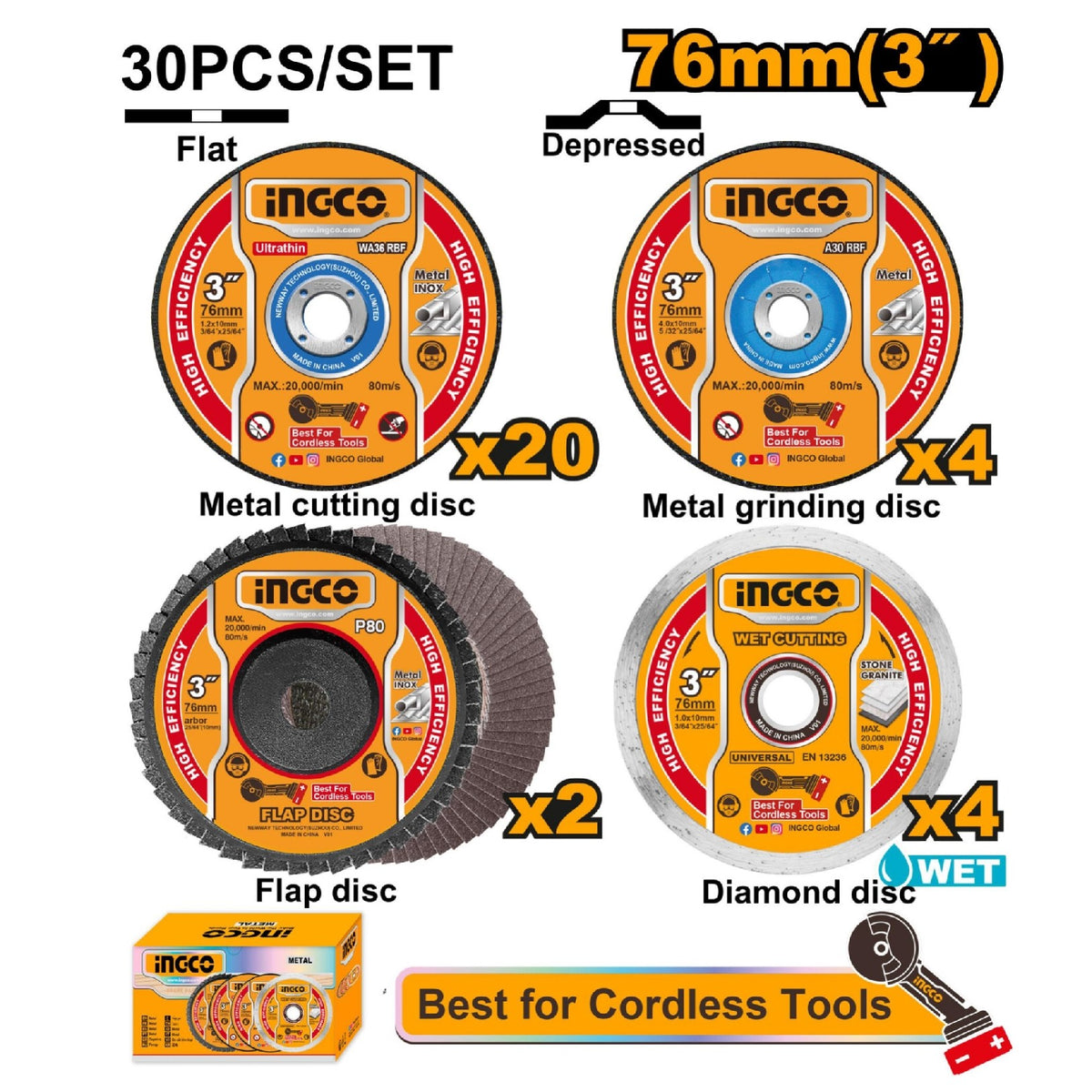 Ingco 30 Pcs 76mm Cutting Grinding Disc Set
