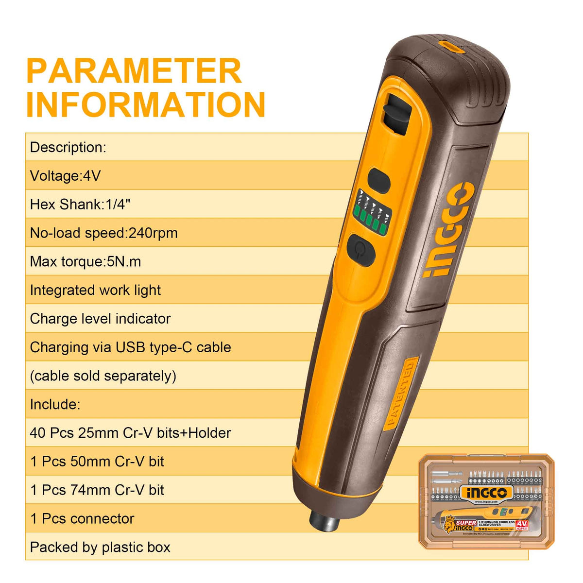 Ingco Cordless Screwdriver With 1500 Mah Battery Capacity And 5 Nm Maximum Torque