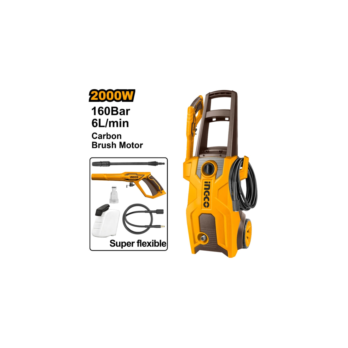 Ingco 2000w 160 Bar Corded High Pressure Washer Wire 5 Mtr