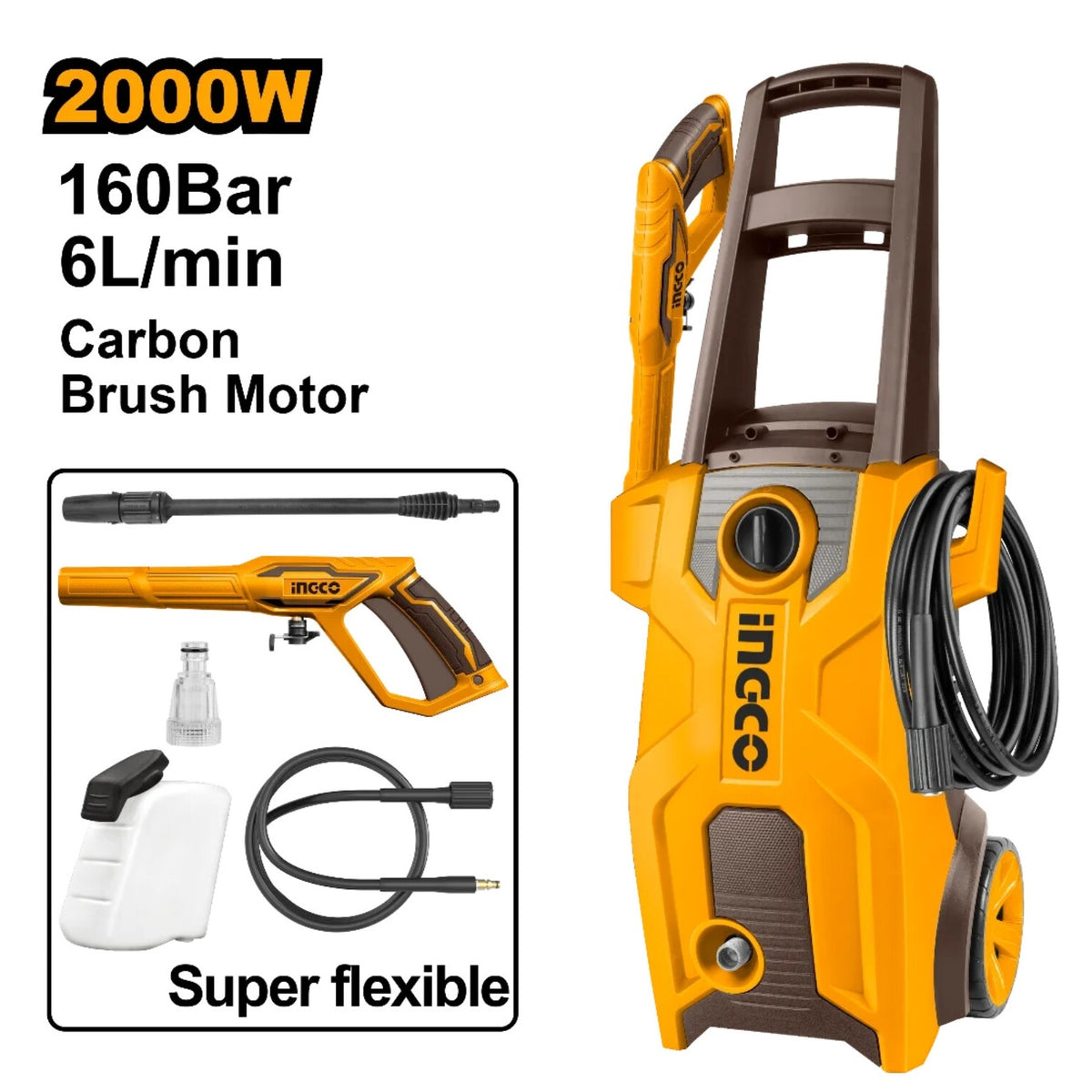 Ingco 2000w 160 Bar Corded High Pressure Washer Wire 5 Mtr