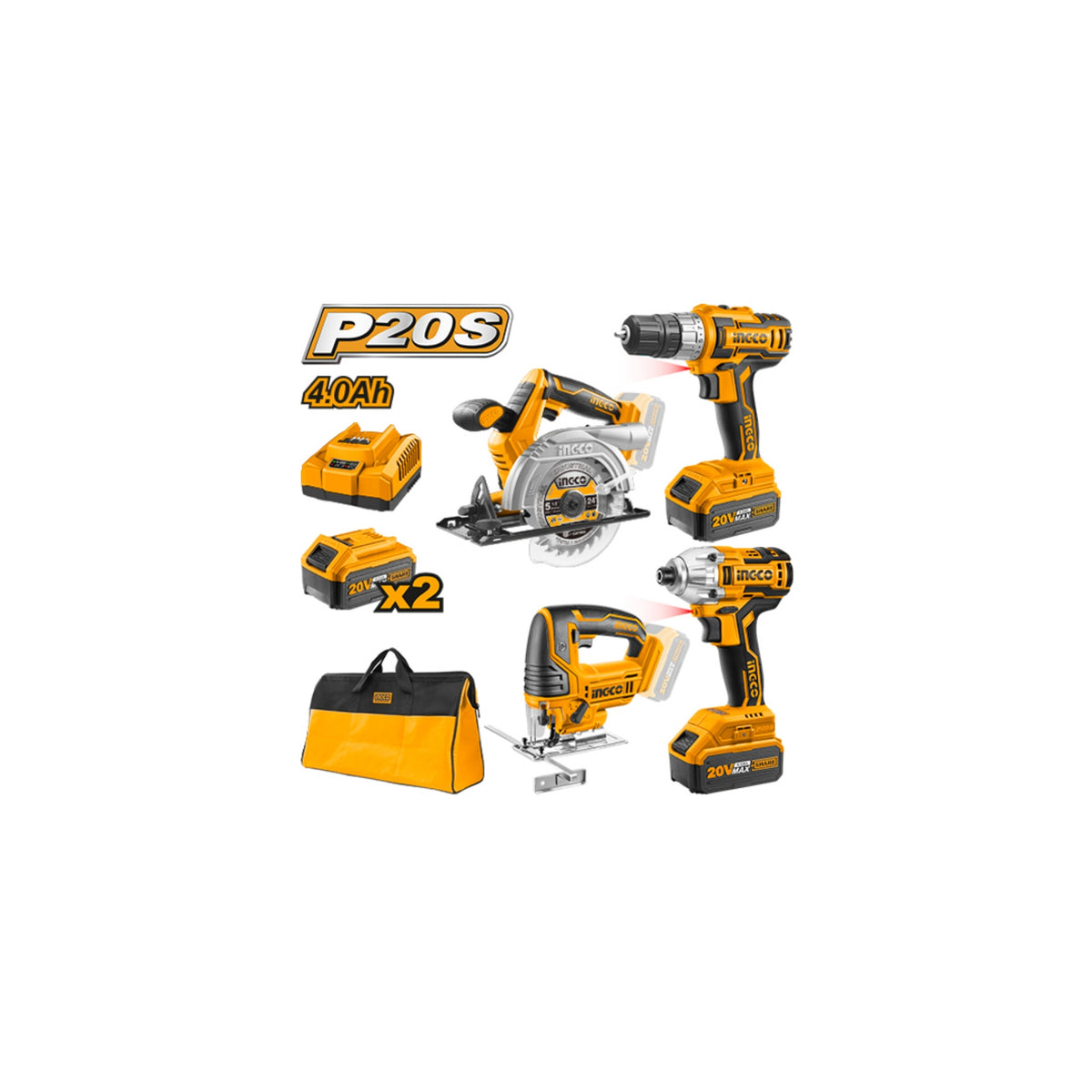 Ingco 20v Li Ion Cordless 4pcs Combo Kit Drill Driver Jigsaw Circular Saw