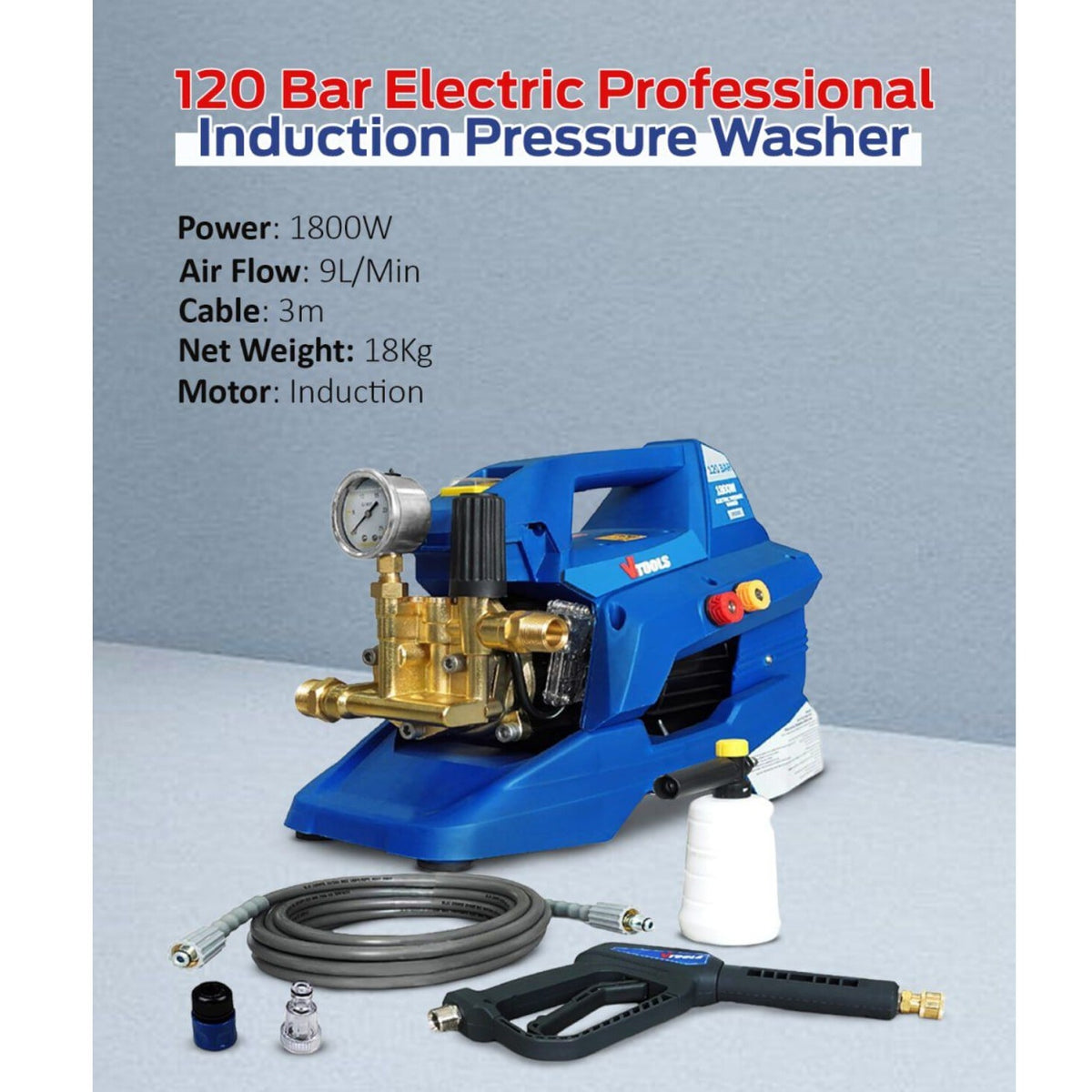 Vtools 120 Bar Electric Induction Pressure Washer With 5 Meter Hose Soap Dispenser 1800 Watt Aut